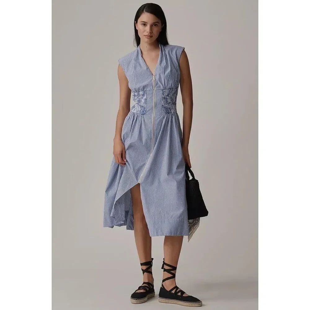 Anthropologie Tommie Cap-Sleeve Smocked Front-Zip Shirt Dress Shine Edition S